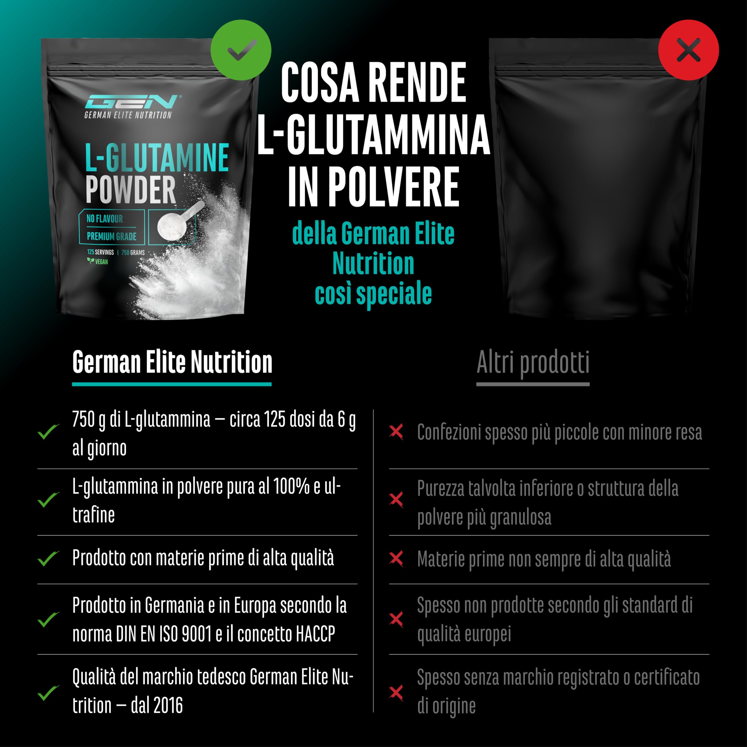L-Glutammina in polvere - 750 g - Premium: pura e ultrafine senza additivi - 100% aminoacido L-Glutammina micronizzato - Neutro non aromatizzato - Altamente dosato - Vegan