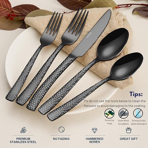 Miniatura 3 de VIVANI Theoson - Juego de cubiertos negros de 20 piezas, acero inoxidable, juego de cubiertos de alta resistencia, servicio para 4, acabado espejo,