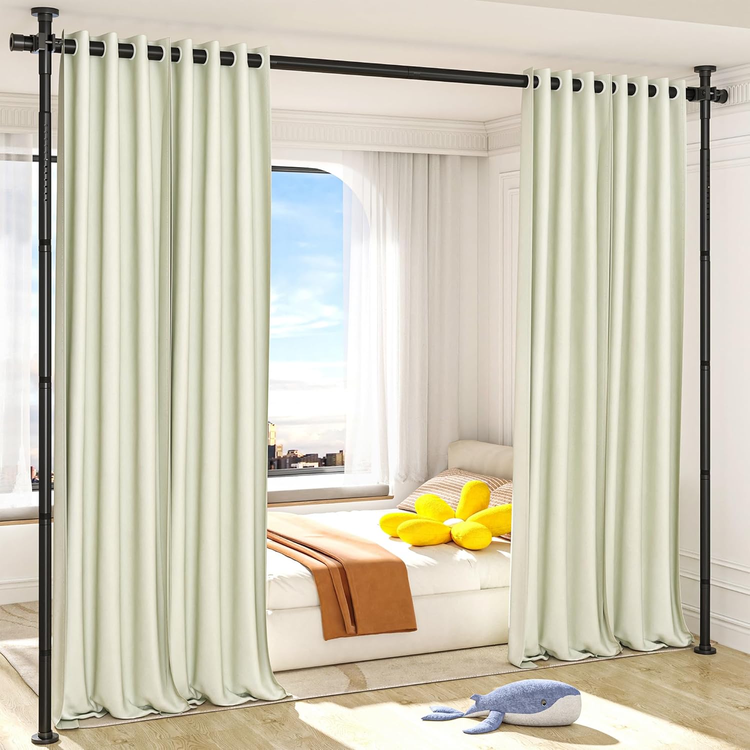 AKTOP Room Divider Curtain Rod, No Drilling Privacy Room Separator for Space Partition, 4-10.5ft(H) 29-73”(W) Adjustable Heavy Duty Floor to Ceiling Wall Divider Tension Rod for Room Separation, Black