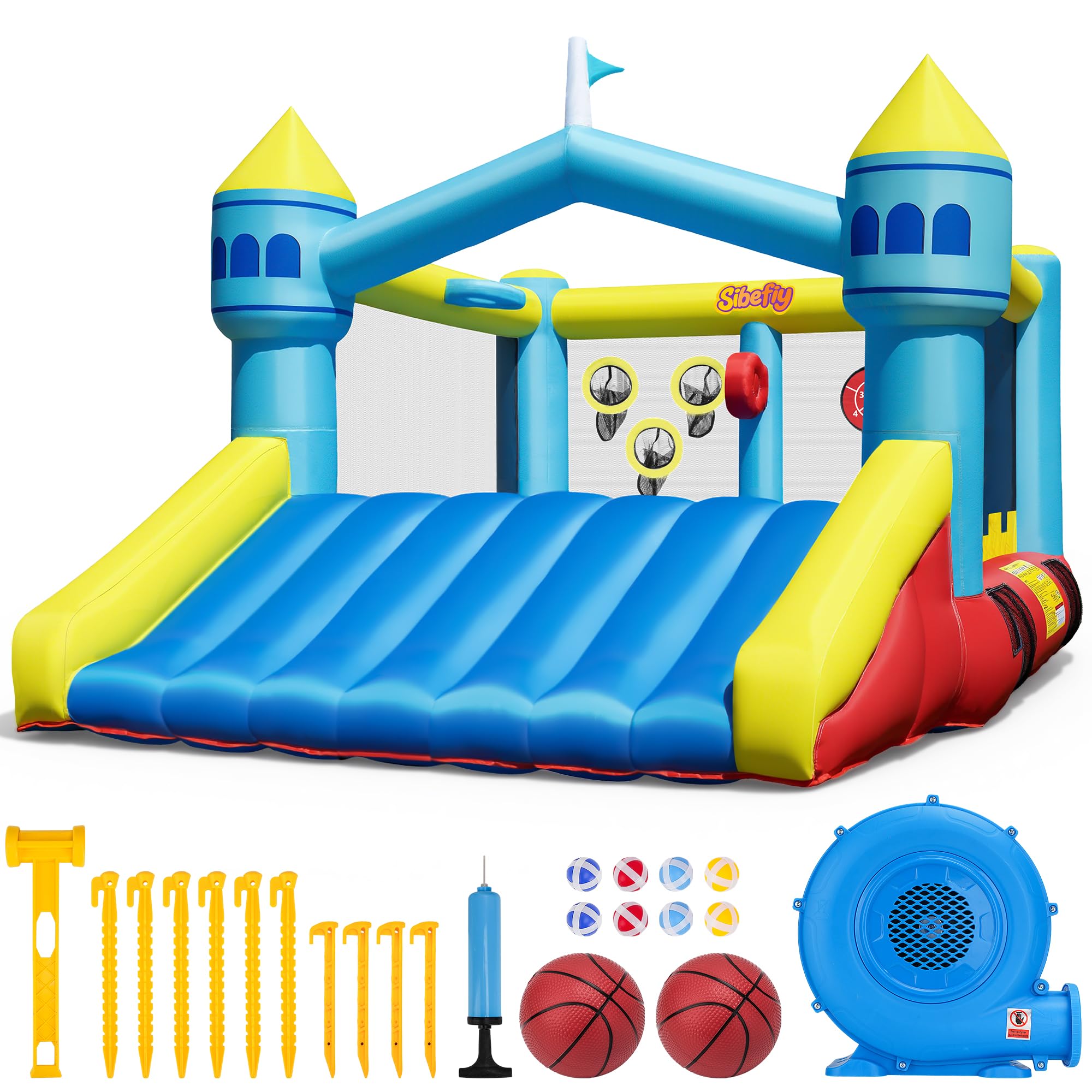 Sibefiy Bounce House, 6-in-1 Play Mode Inflatable Bounce House for Kids, High Elasticity Bouncy House with 480W Blower, Bouncy Castle with Wide Slide for Christmas, Birthday Parties