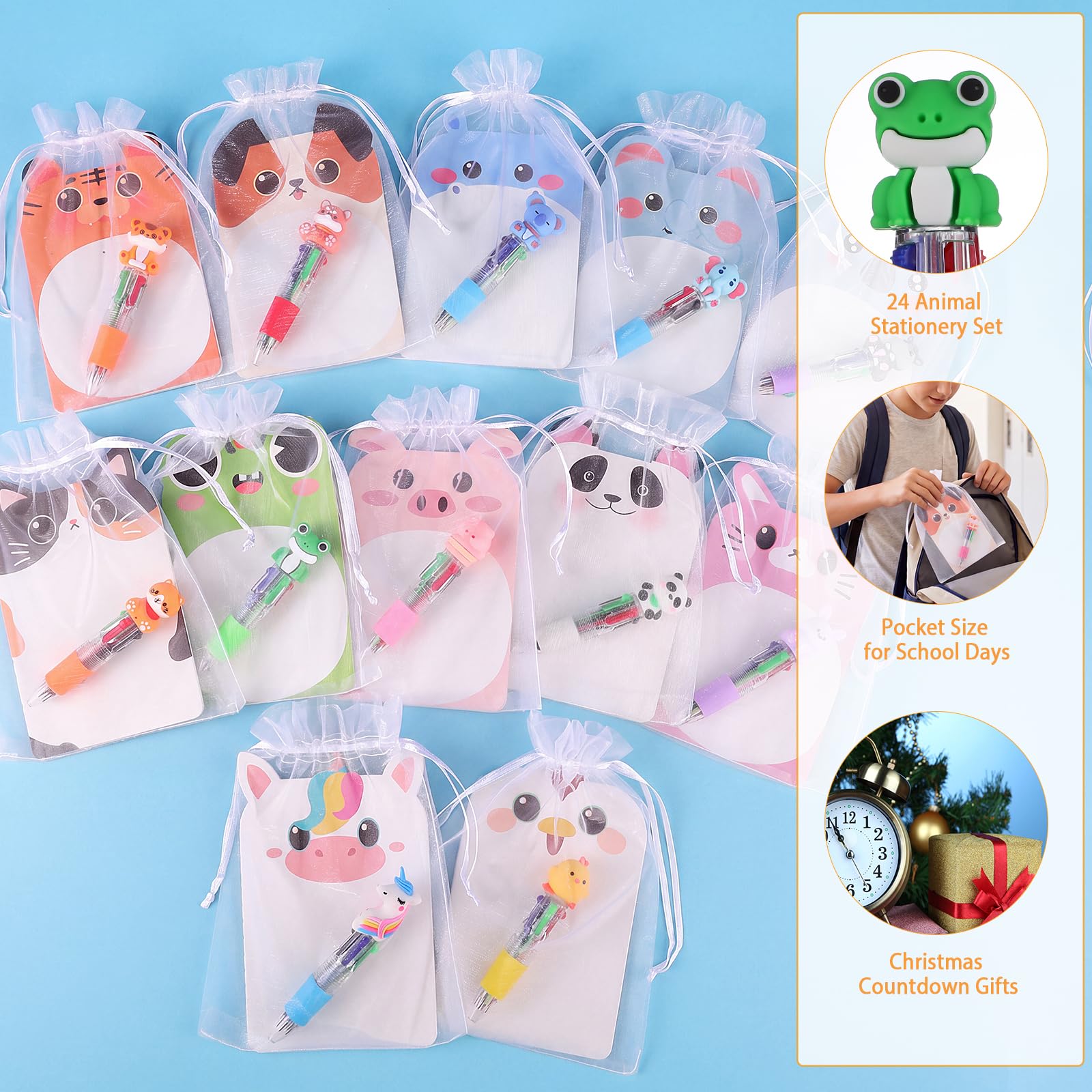 BESARME Lot de 24 ensembles de papeterie amusants, 24 stylos mignons 4-1 et 24 carnets de poche animaux avec sacs cadeaux, prix de classe, cadeaux de fête