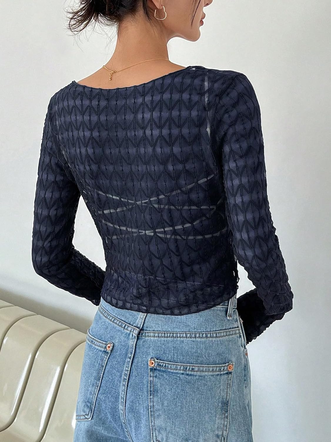 WDIRARA Women's Mesh Sheer Tie Front Crop Tops V Neck Long Bell Sleeve Tee Shirts - Image 2