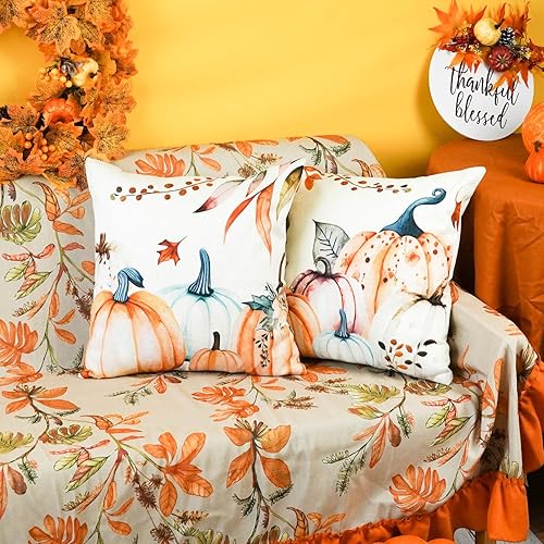 Miniatura 5 de ONWAY Juego de 2 fundas de almohada de calabazas de otoño de 18 x 18 pulgadas, decoración de otoño y Acción de Gracias, fundas lumbares para sofá,