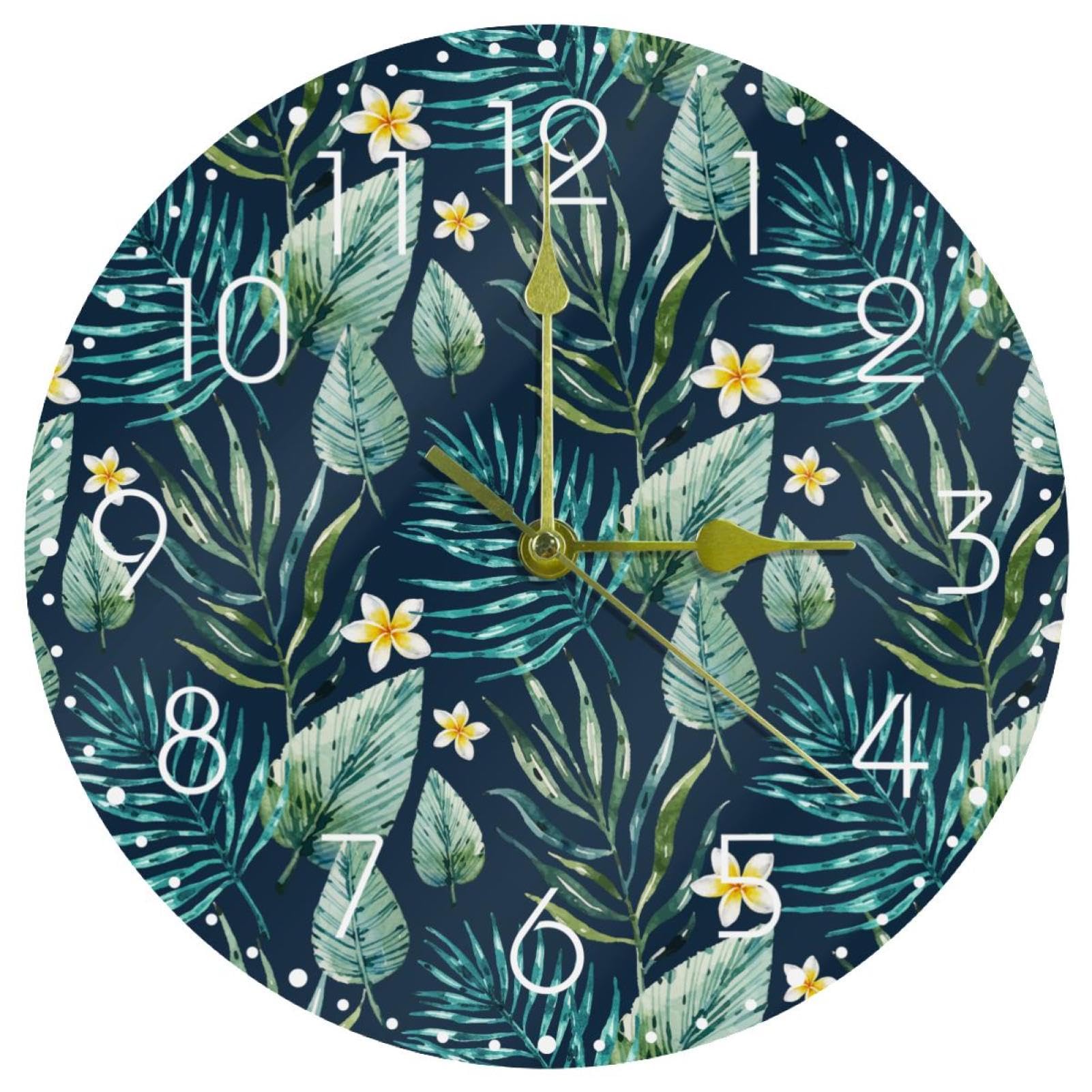 Horloge murale silencieuse en acrylique de 25,4 cm avec motif de feuilles tropicales
