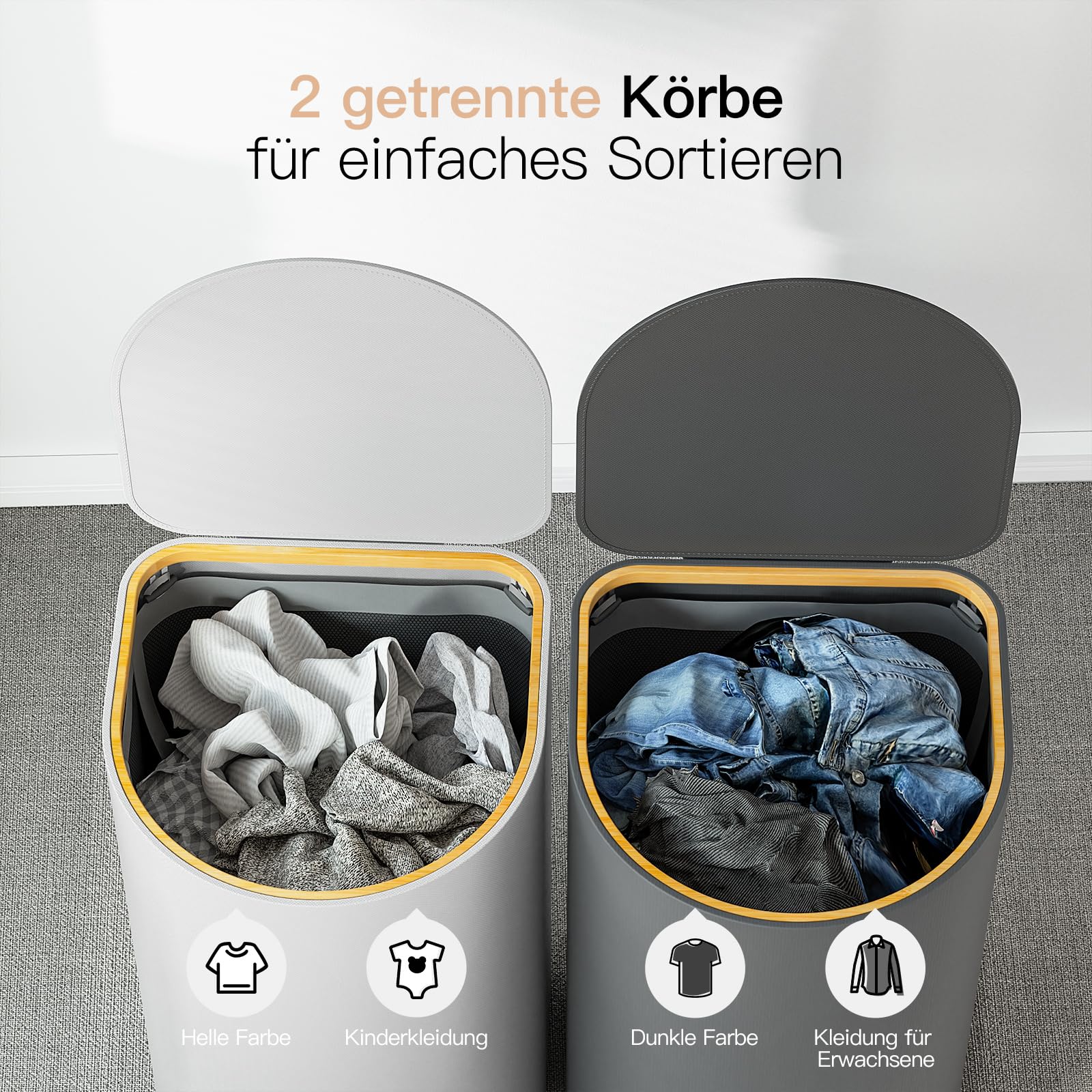 2er Pack Wäschekorb mit Deckel 140L Groß Kapazität - Wäschesammler mit 2 Fächer zum Sortieren der Schmutzwäsche, 4 Abnehmbar Innensäcke, Faltbare Laundry Baskets und Einfach zu Montieren