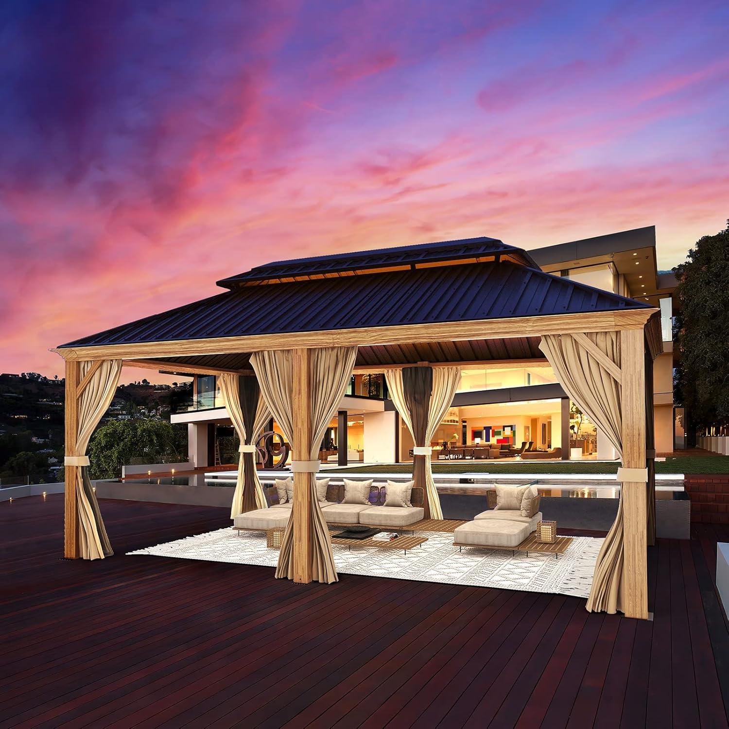 YOLENY 12' x 20' Hardtop Gazebo Wood Grain Gazebo with Galvanized Steel Double Roof