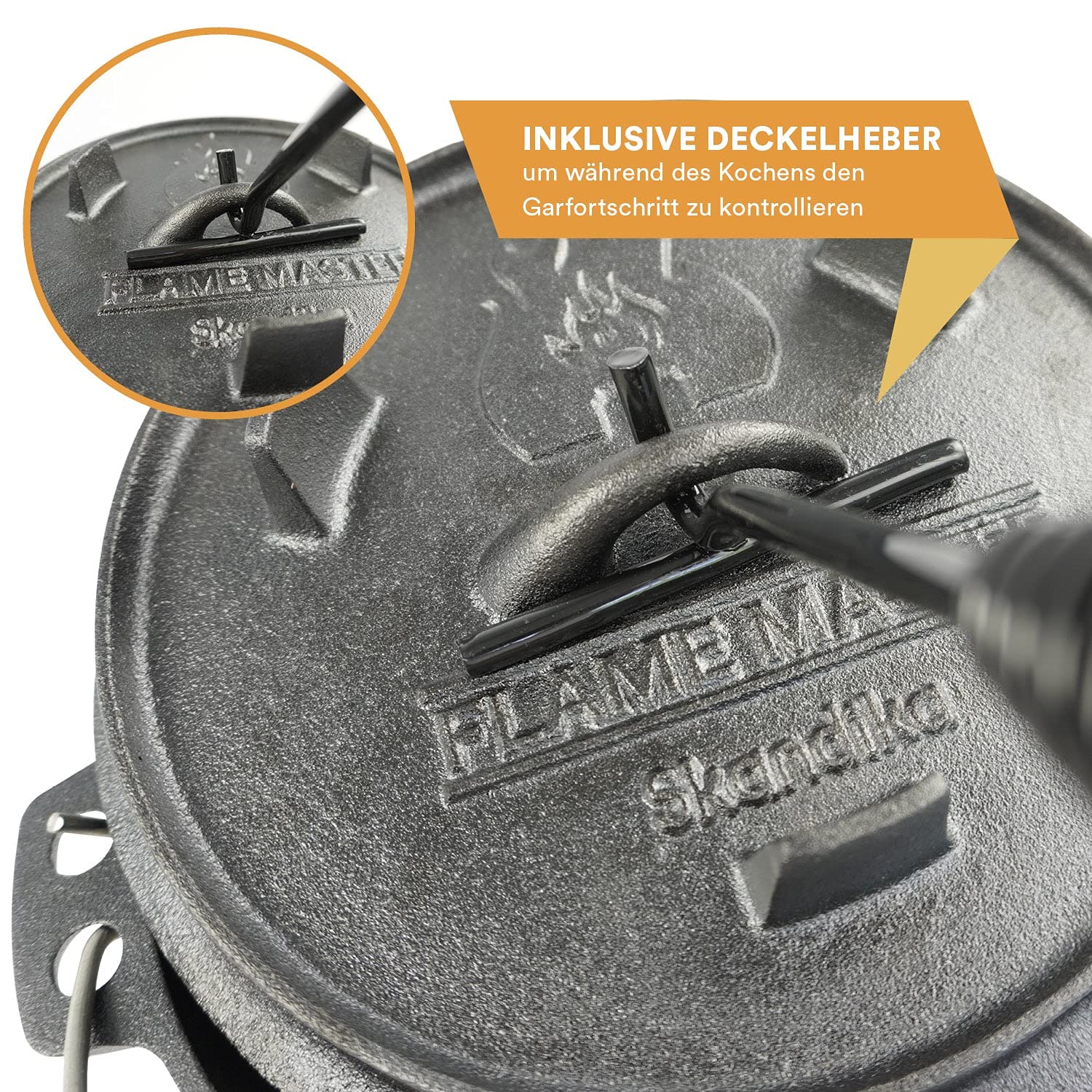 Skandika Dutch Oven Flame Master | pentola in ghisa per cucinare, già bruciata, con piedini, alzacoperchio, borsa per il trasporto, pentola da fuoco per barbecue, campeggio (7,1 L)