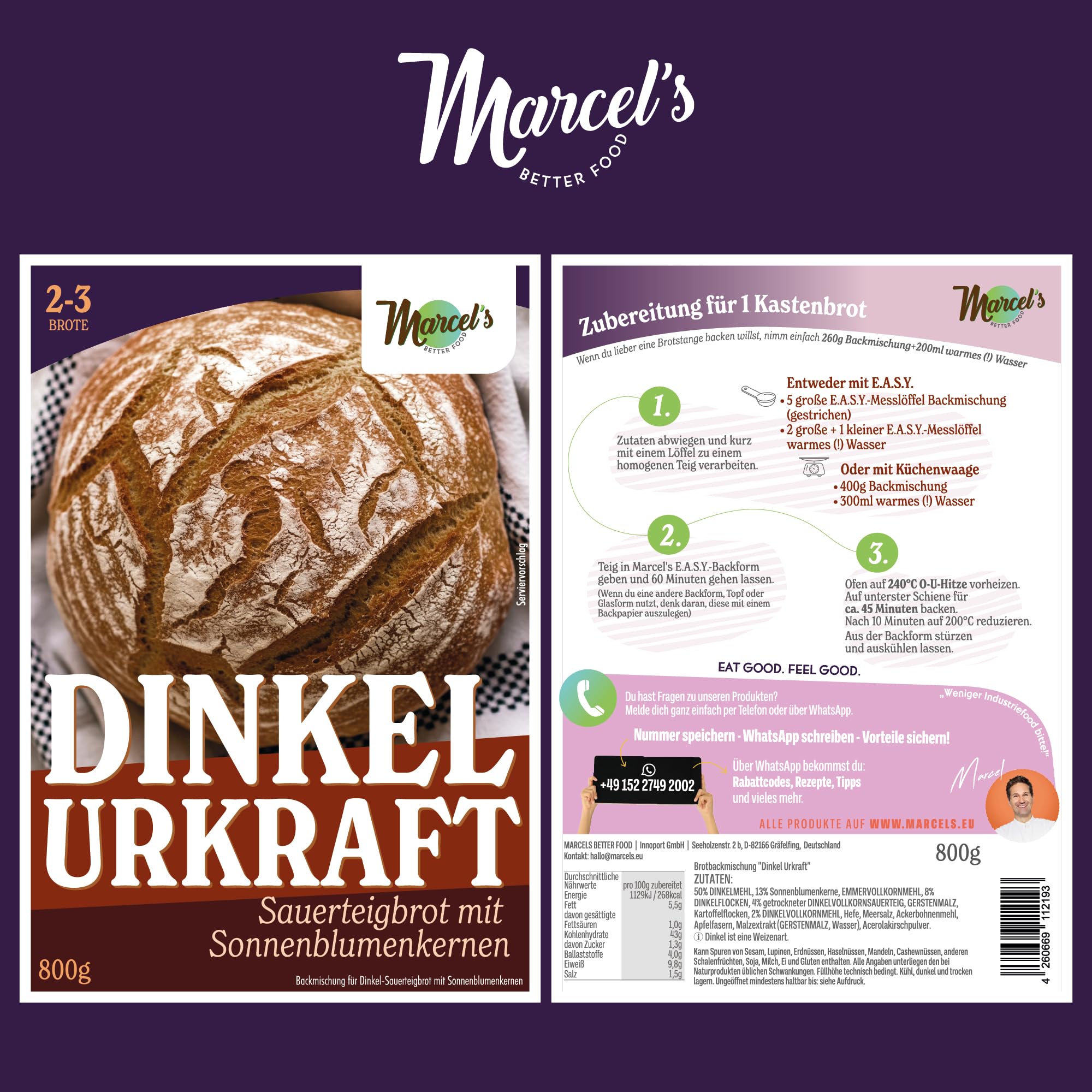 Marcel's Brotbackmischung Dinkel Urkraft (1200g - für 3-4 Brote) – 100% Sauerteigbrot mit Urgetreide & Sonnenblumenkernen | Zubereitet in 1 Minute| Mild, Vegan & natürlich | Ohne Weizenmehl