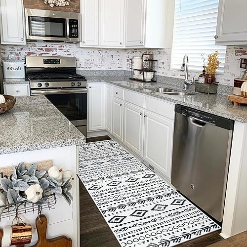 Miniatura 71 de Lahome Alfombras de cocina antideslizantes, lavables para entrada, estilo bohemio, blanco y negro, 2 x 3, alfombra de baño ultrafina con estampado