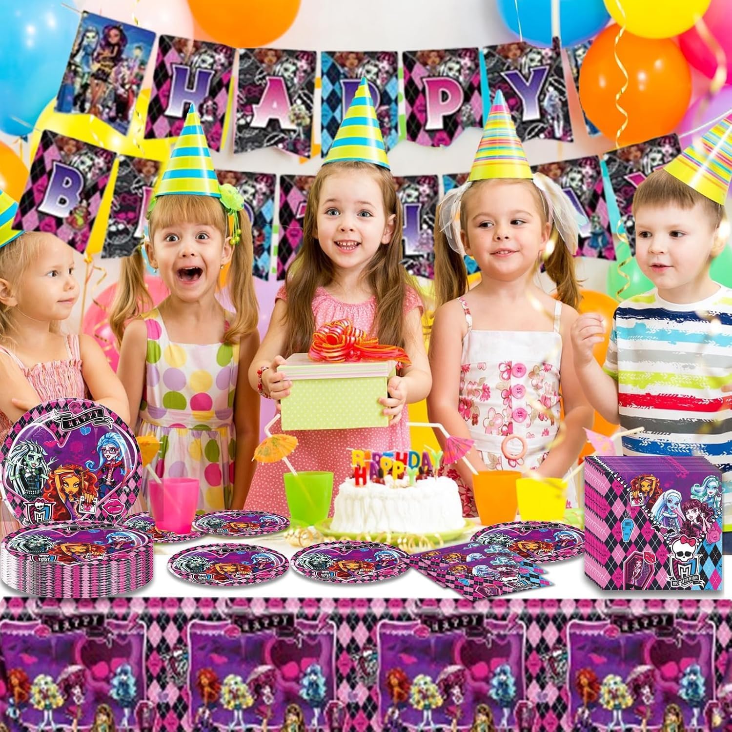 42 Pcs for Monster Elf High Party Supplies Set, 20 Napkins+20 Plates +1 Tablecloth and 1 Happy Birthday Flag, for Children Happy Birthday Party Decoration Supplies image 5