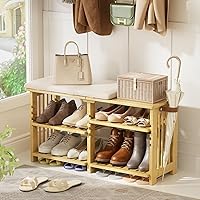 Amazer Bamboo Shoe Rack Bench: 3-Tier Height Adjustable Entryway Organizer with Cushioned Seat & Side Strap, Shoe Storage for Hallway & Living Room