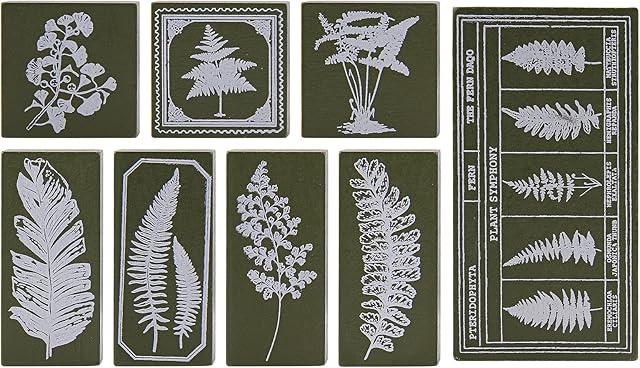 Lychii Wooden Rubber Stamp Set, 8PCS Vintage Rubber Seal with Fern Leaf Patterns, Mounted Plant Stamps for DIY, Journals, Daily Planners, Gift Wrapping, Office Party Supplies