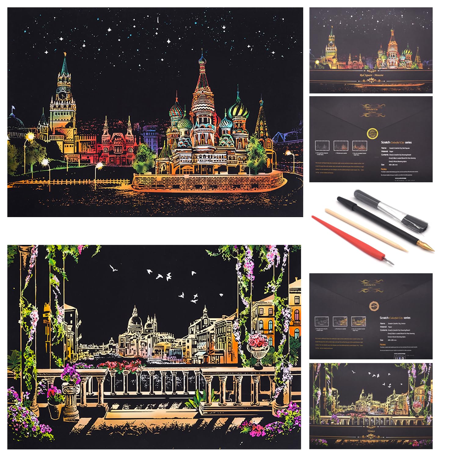Scratch Painting Rainbow Paper by BOTEEN, Scratch DIY Art Craft City Series Night View Creative Gift, Scratchboard for Adults and Kids ,Craft Kits with 4 Tools,16''x11''（4 Pack）