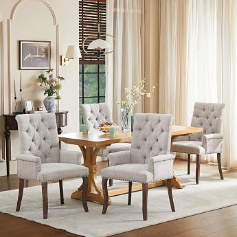 SoarFlash Set of 4 Chenille Chairs Beige Modern Button Tuft Design | Soft durable chenille fabric, sturdy solid wood legs. El