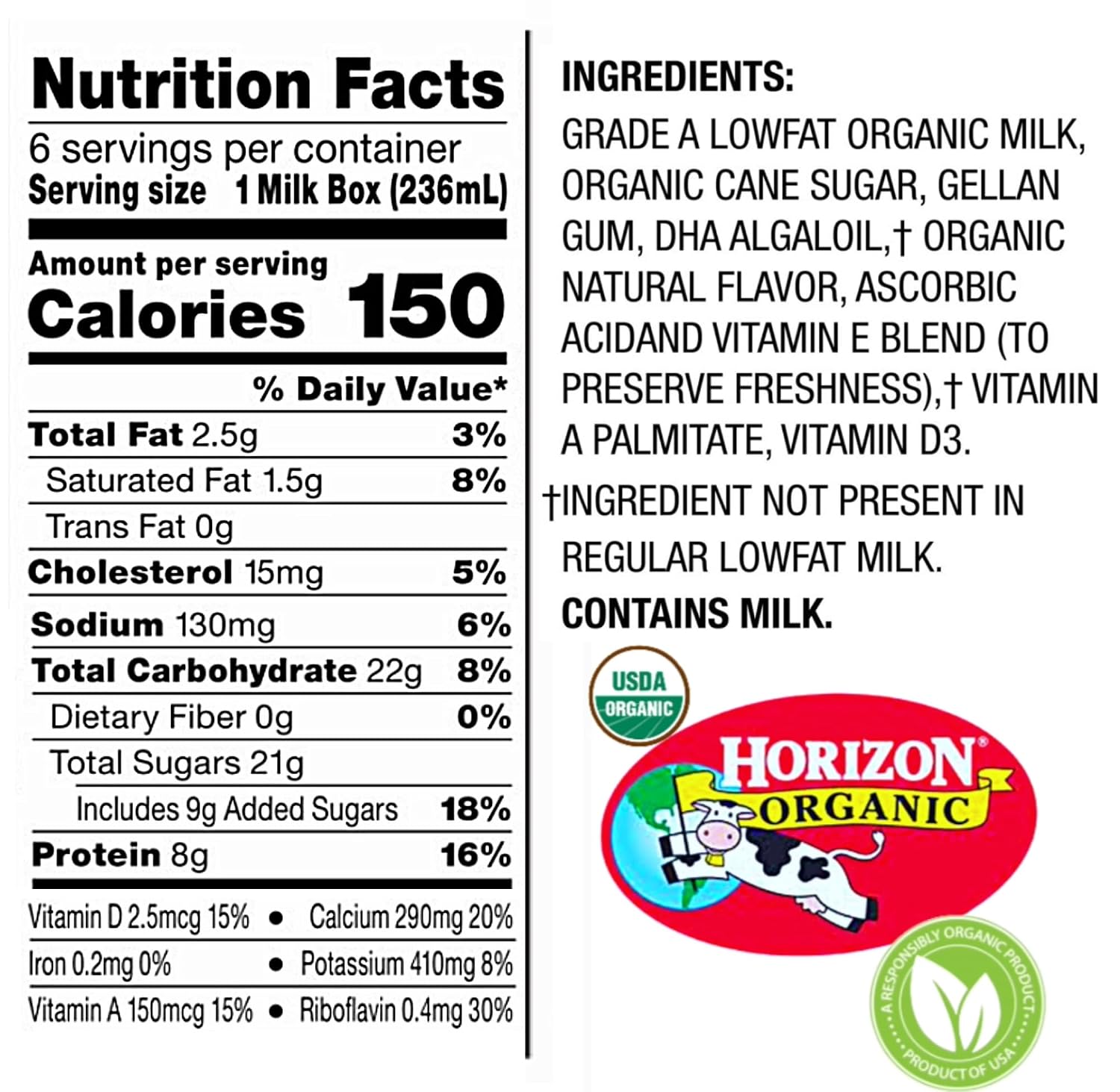 Milk Organic Whole Milk, Shelf Stable Whole Milk Boxes, Horizon Milk Single Serve, 8.0 Fl oz (BETRULIGHT Value Pack of 6) (Low Fat Vanilla)