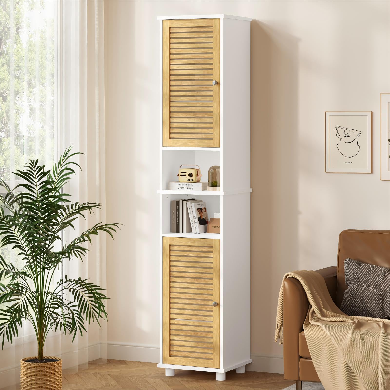 Badezimmer Hochschrank, Badzimmerschrank mit 2 offenen Fächern und verstellbaren Ablagen, Badschrank mit 2 Bambustüren, Badmöbel, für Wohnzimmer, Küche und Bad, 32 x 30 x 190 cm