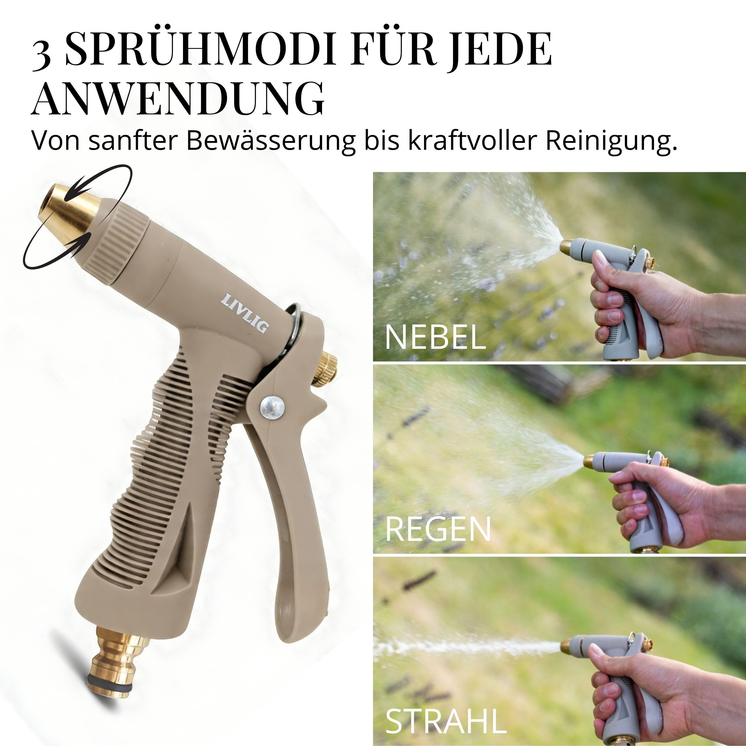 LIVLIG Premium Gartenspritze im Komplettset, Robuste Reinigungsspritze zum Reinigen und Bewässern, Gartenbrause und Schlauchanschluss 1/2 Zoll, Einhandbedienung und Dauerarretierung, Sand