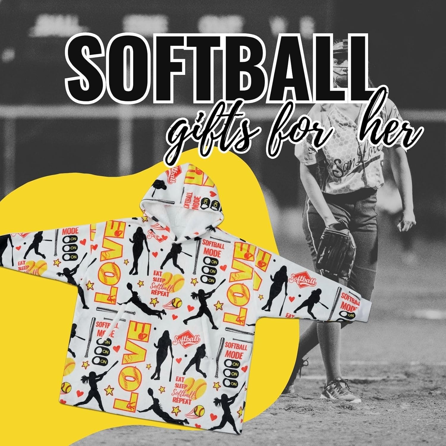 Softball Gifts for Girls, Wearable Blanket Hoodies for Adults, Oversized Flannel Hooded Blankets, Gifts for Birthday, Christmas, and so on, One Size Fits All