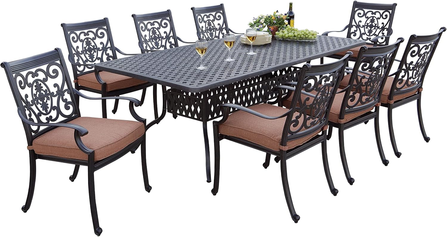 Darlee Elisabeth Cast Aluminum 9-Piece Dining Set with Seat Cushions and 64-Inch Square Dining Table, Antique Bronze Finish