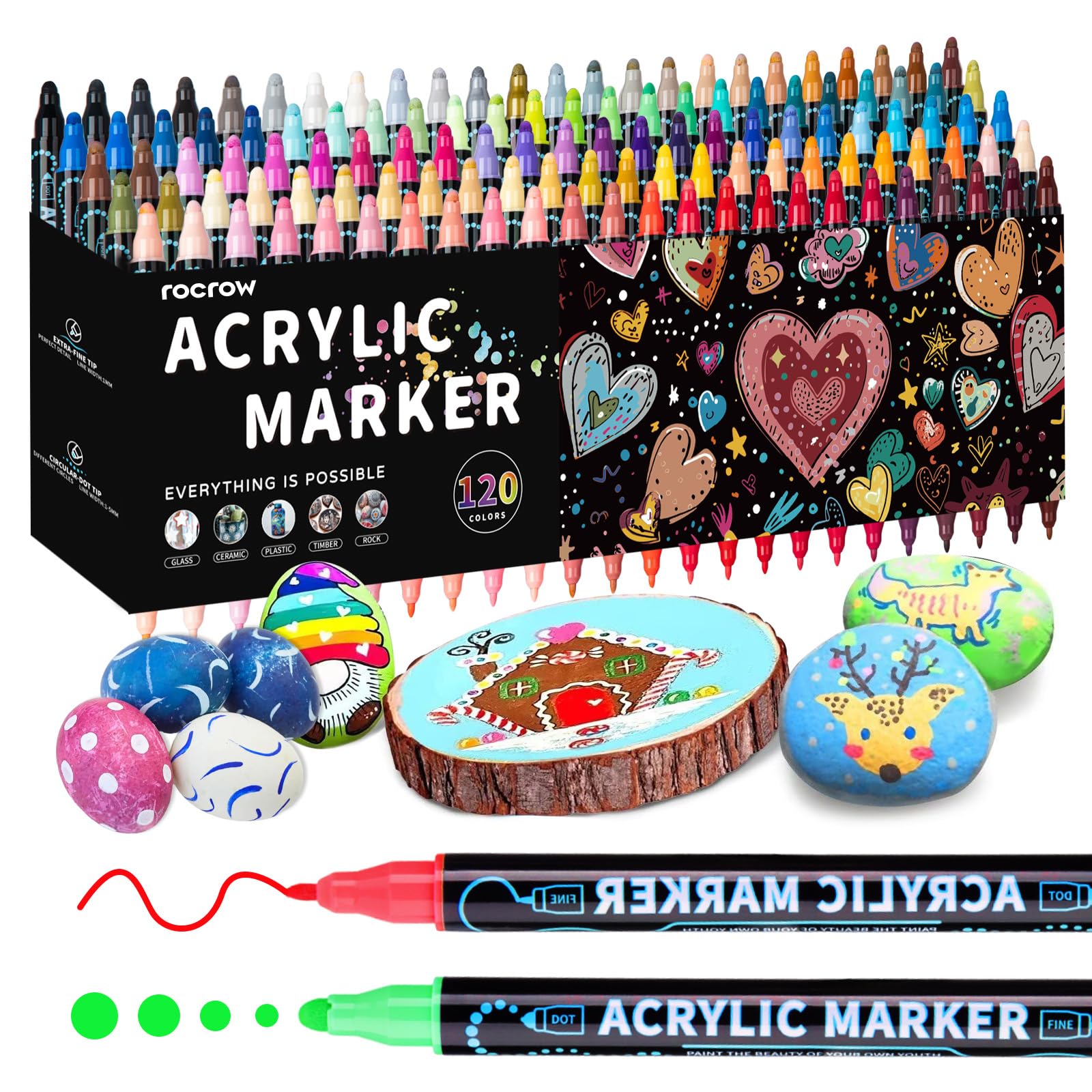 Acrílicos Marcadores - Set de 120 Colores, Resistente al Agua, Rotuladores de Arte para Pintar en Piedra, Vidrio, Madera y Más - 120 Colores