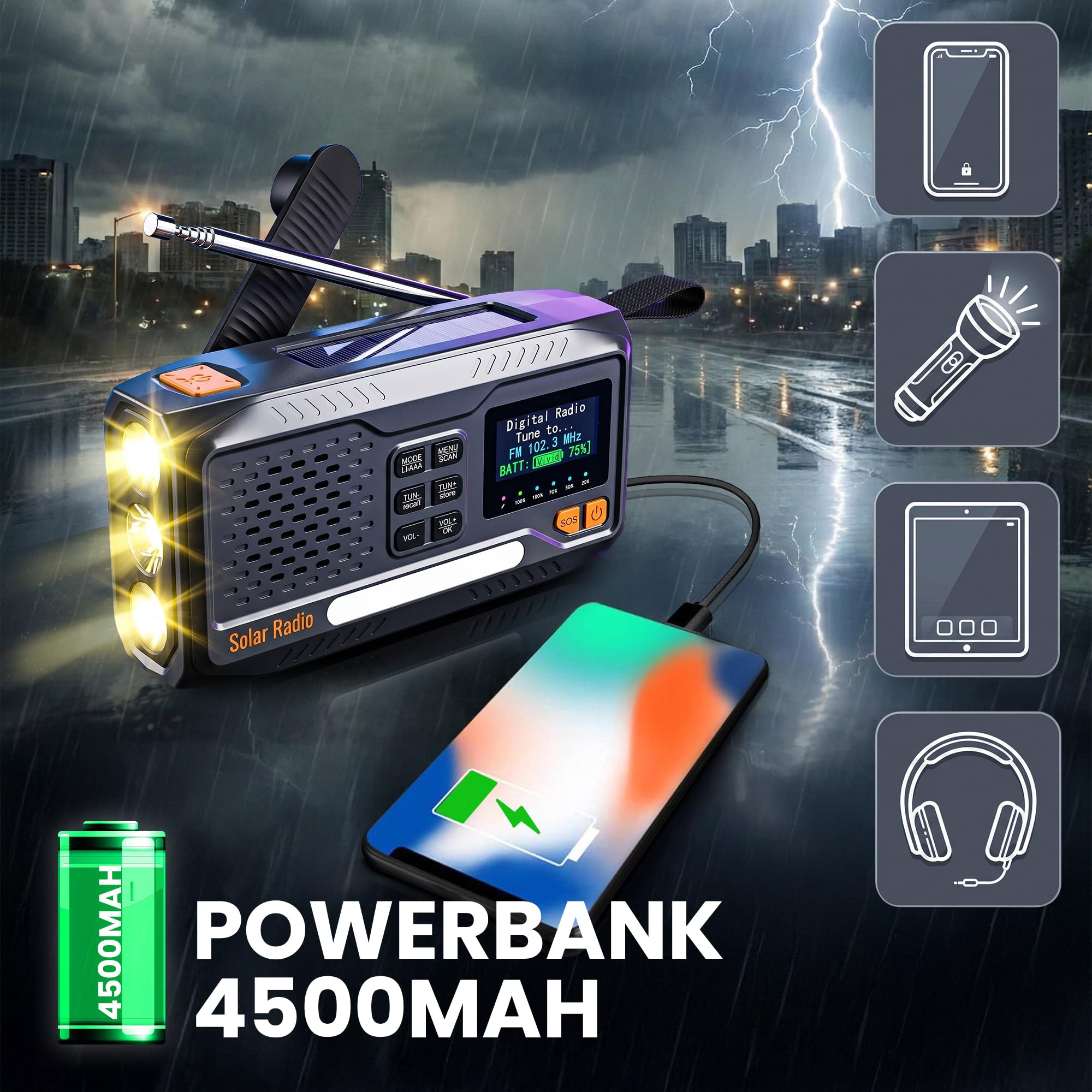 Radio Solaire Extralink 4500 mAh FM DAB Bluetooth LED SOS Camping