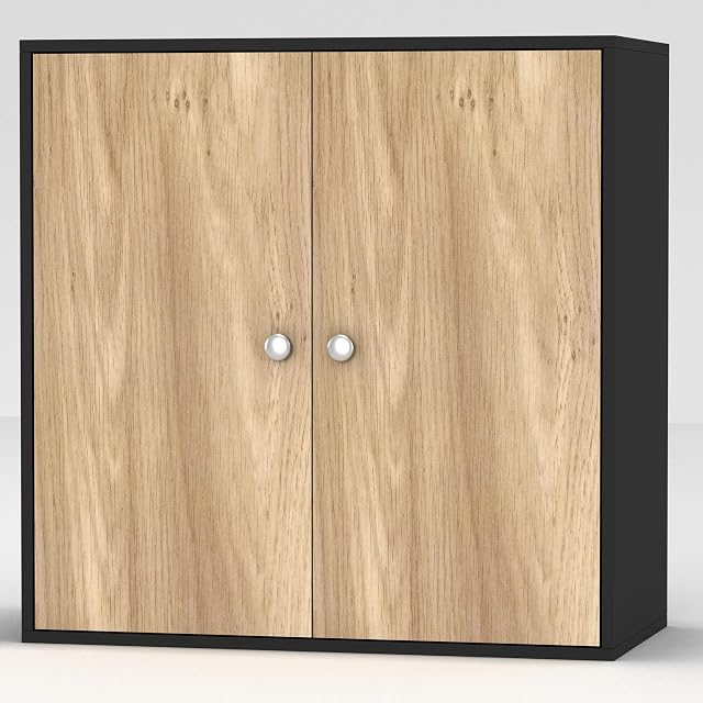 URBNLIVING 2 Tier Wooden Storage Cabinet (Black Unit + Oak Doors)