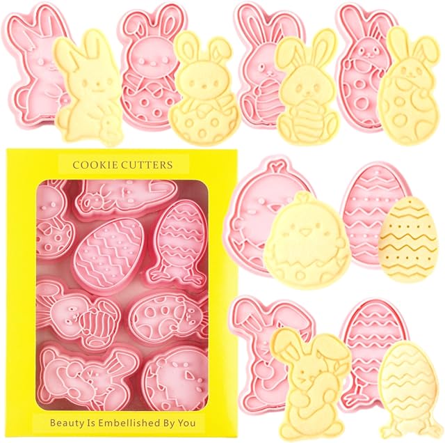 Crethink Easter Cookie Cutter Set,8 Pieces Plastic Biscuit Cutters,Easter Eggs,Long-Legged Eggs,Bunny Hugging Eggs*2,Rabbit Holding Carrot,Chicken in Eggshell,Rabbit in Eggshell Etc