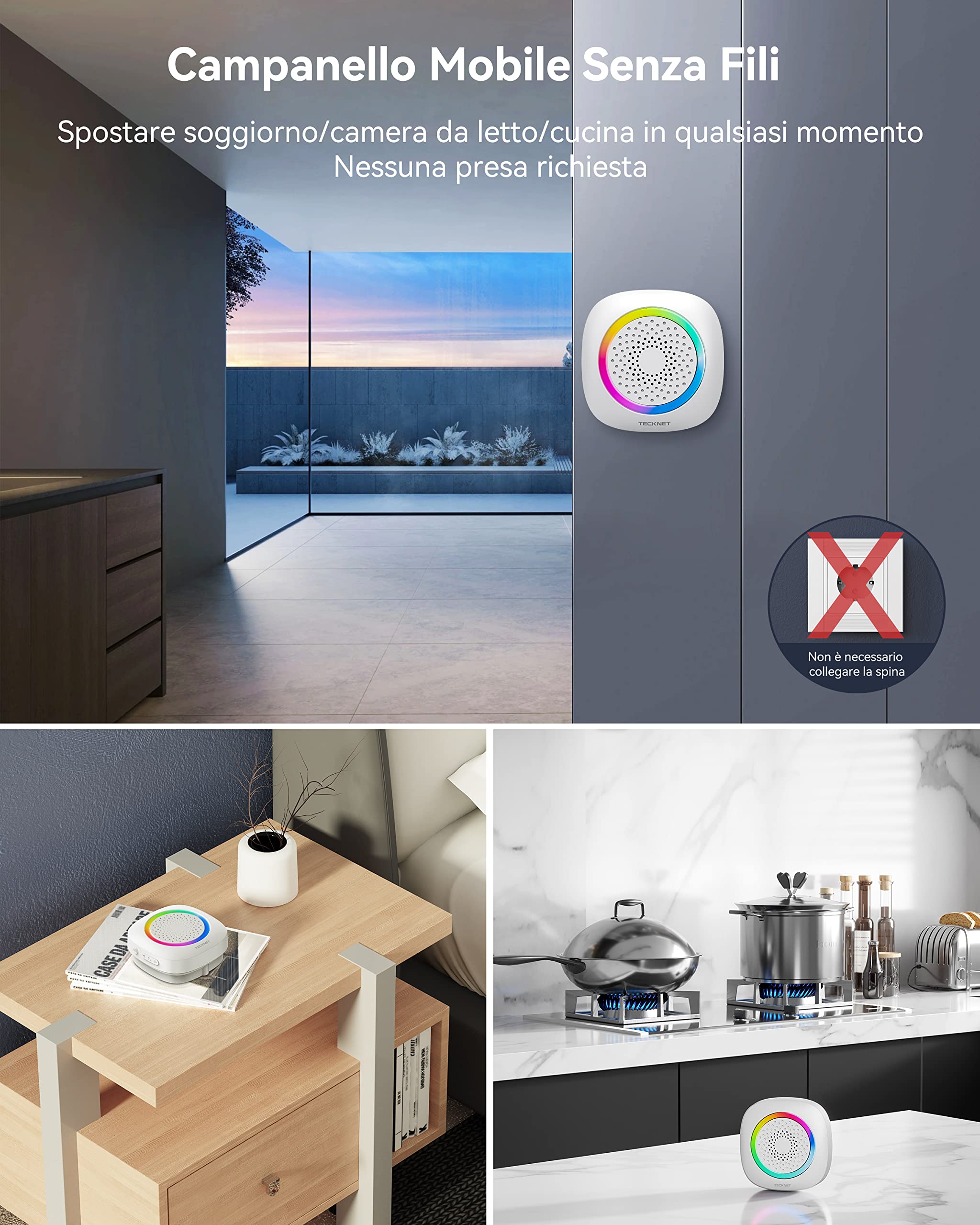 TECKNET Campanello Senza Fili Alimentato a Batteria Impermeabile IP66, Portata 400M, 5 Livelli Volume 60 Melodie, Batteria Rimovibile RGB Campanello Wireless Esterno per Casa, Ufficio, Emergenza ecc
