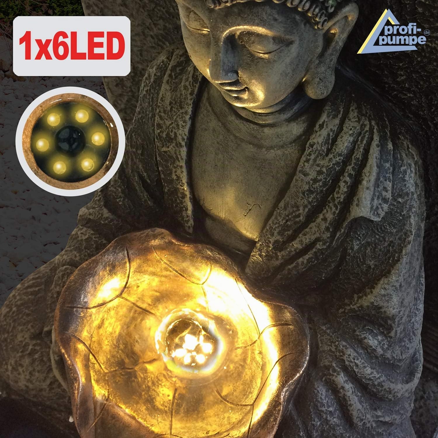 Fuente para Jardin Fuente de Agua Fuente de Tranquilidad Buda Fuente con iluminacion para Jardin, terraza, Balcon con Bomba, iluminacion Solar, bateria de Iones de Litio y luz LED