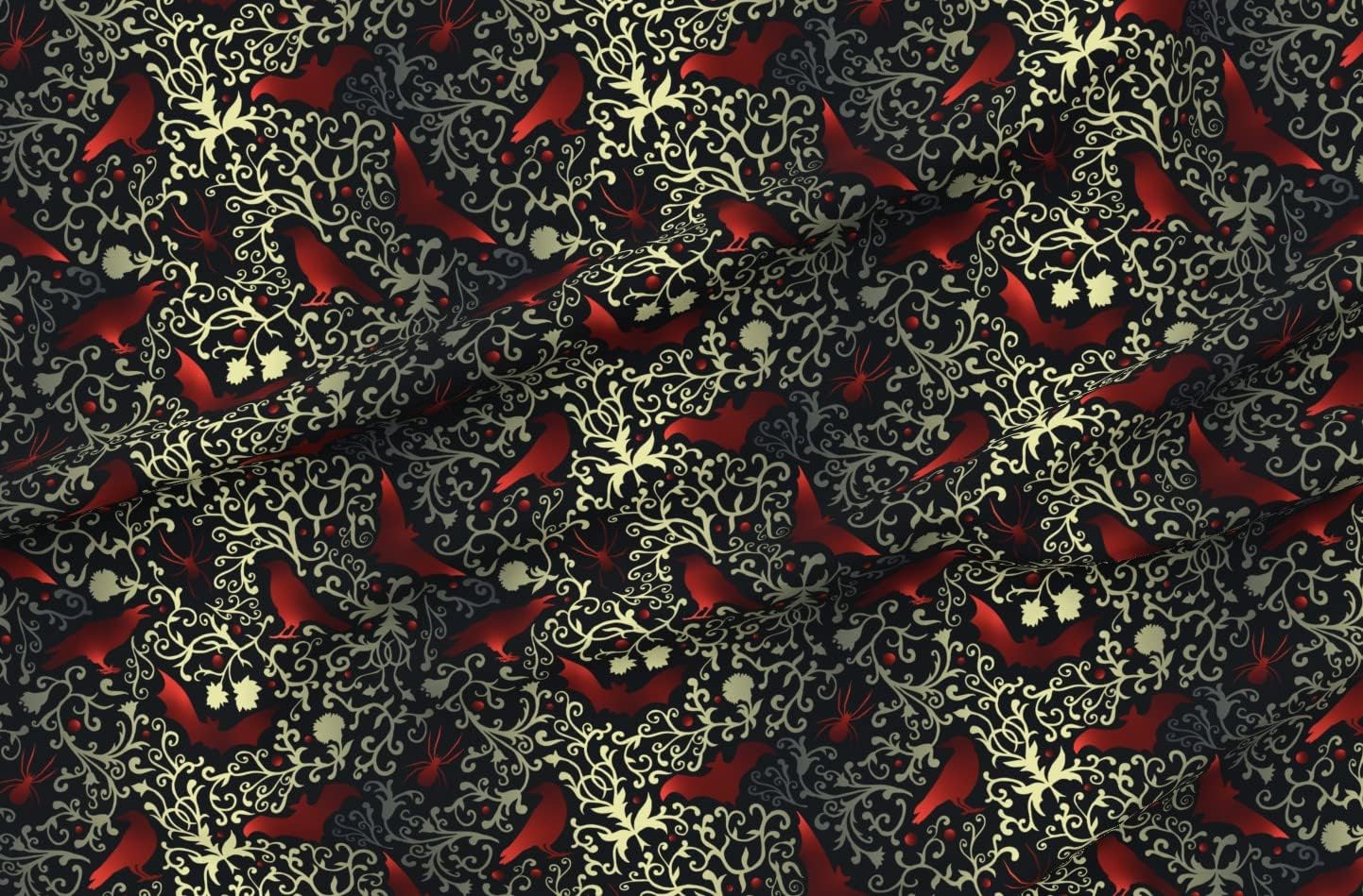 Spoonflower Fabric - Black Red Gold Dark Victorian Ravens Gothic Bats Halloween Witches Printed on Polartec(R) Fleece Fabric by The Yard - Sewing Blankets Loungewear and No-Sew Projects
