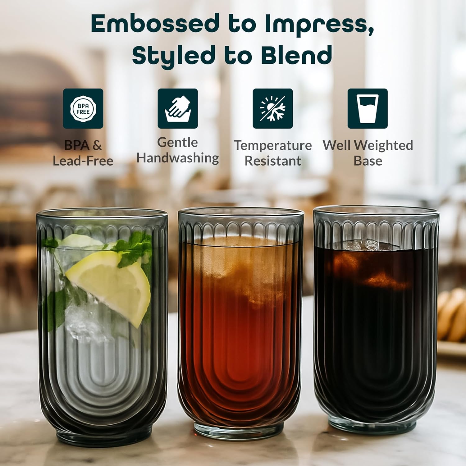 Glaver's Vintage Glassware Art Deco Glasse Ribbed Drinking Glasses U-Shape Arch Design Colored Cocktail Kitchen Tumblers Everyday Dinner Decorative Party (Smoke S/4 17oz) - Image 3