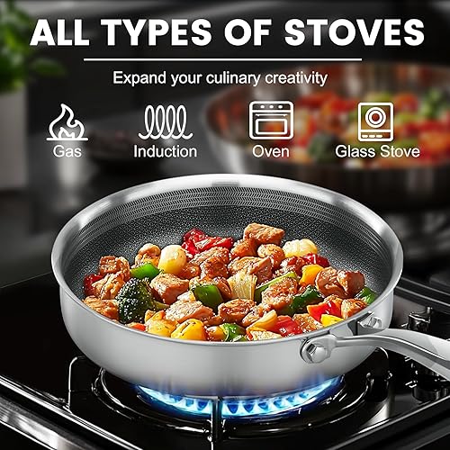 Miniatura 3 de Sartenes antiadherentes, sartén híbrida con tapa, sartenes no tóxicas antiadherentes, sartén de acero inoxidable, aptas para lavavajillas y horno,