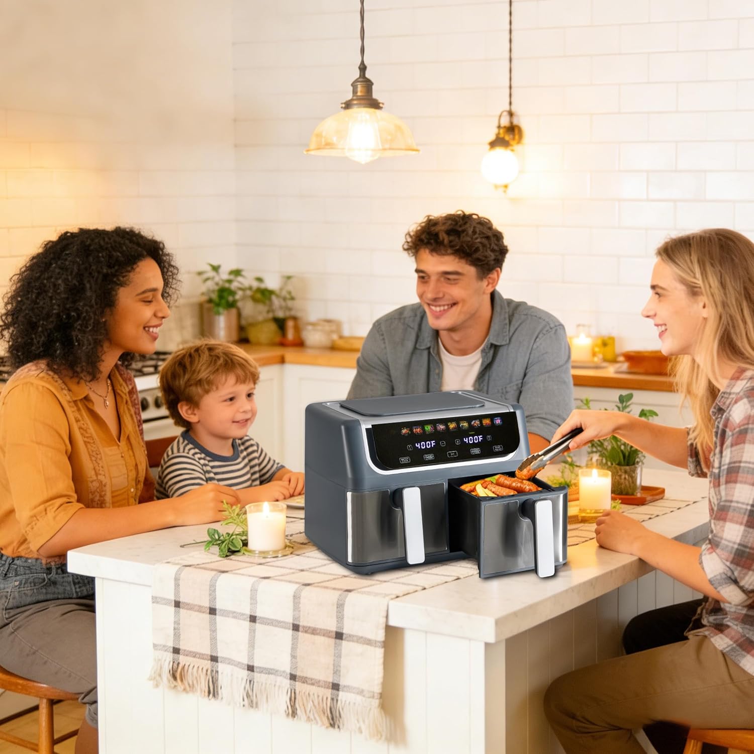 2 Baskets Air Fryer 9.5 QT, 10 in 1 Dual Air Fryers with Ceramic Crisper Plate, 80-450°F Wide Temp, Smart Cooking Mode with Match & Sync Cook, Shake Reminder, Roast, Defrost, Bake, Grey