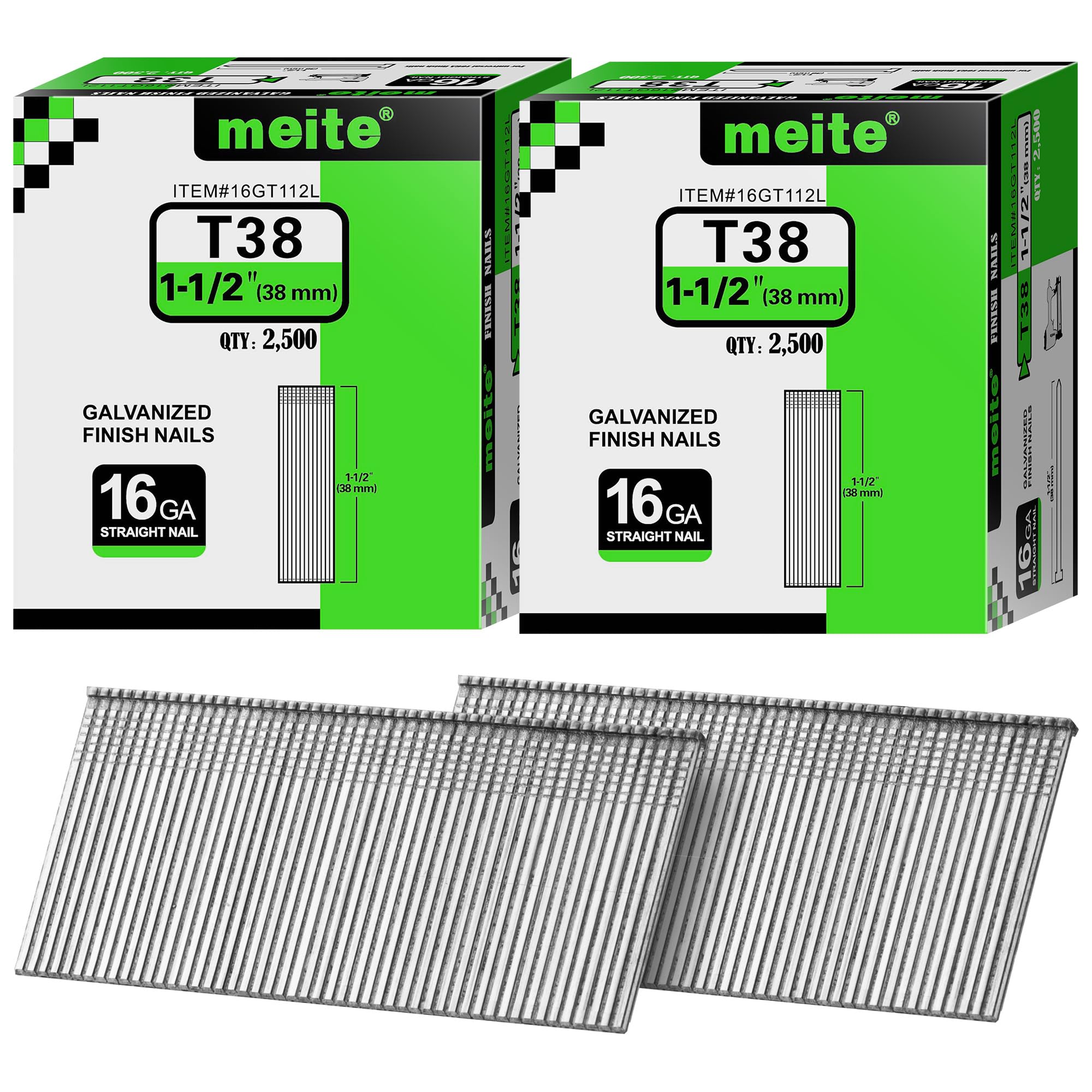 meite 16 Gauge Finish Nails 1-1/2 Inch Galvanized Straight T-Nails 5,000PCS
