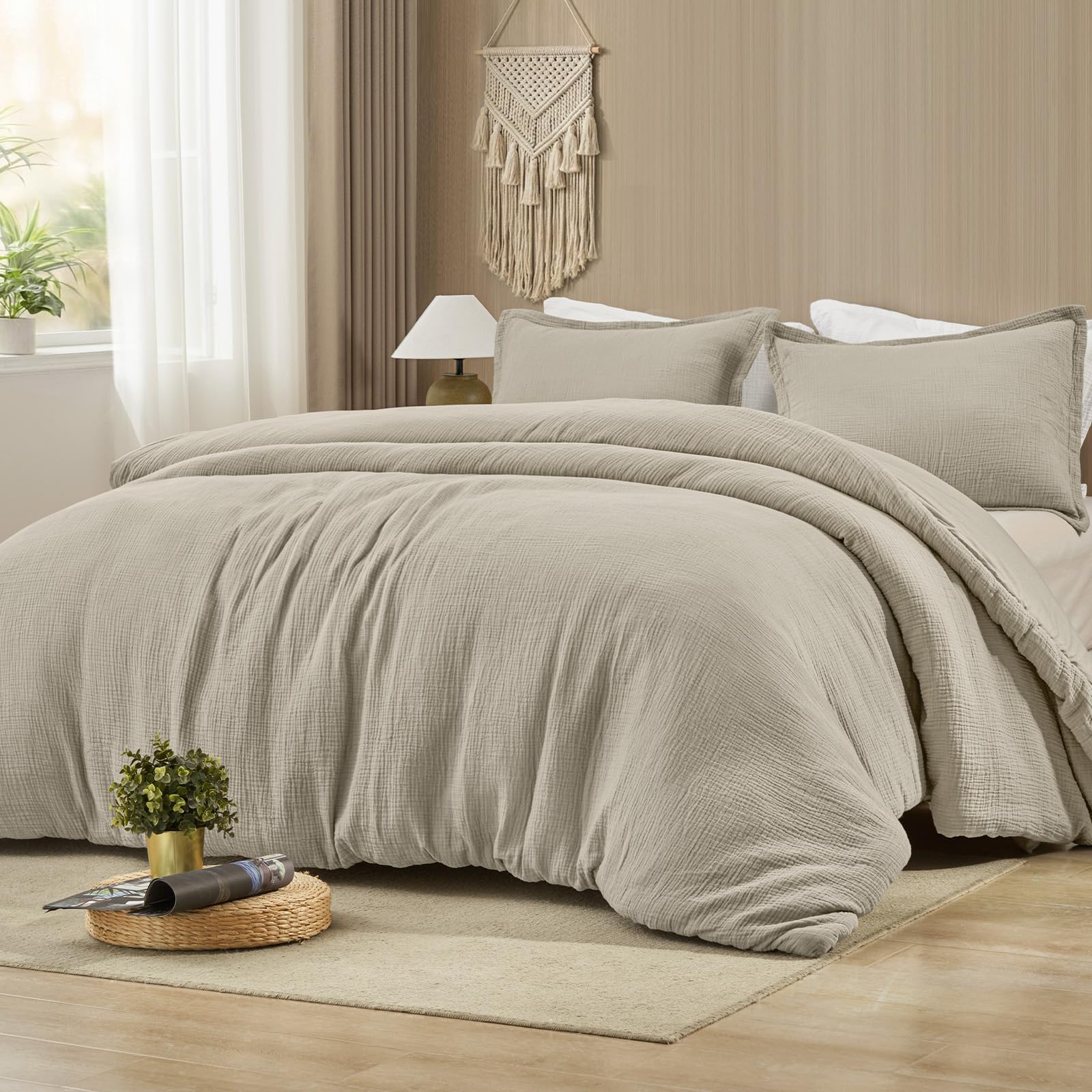 phf cotton muslin comforter set king - 100% cotton cover, ultra soft & breathable, 3pcs lightweight all-season bedding with polyester fill, 1 comforter 104"x90" & 2 pillow shams 20"x36", taupe