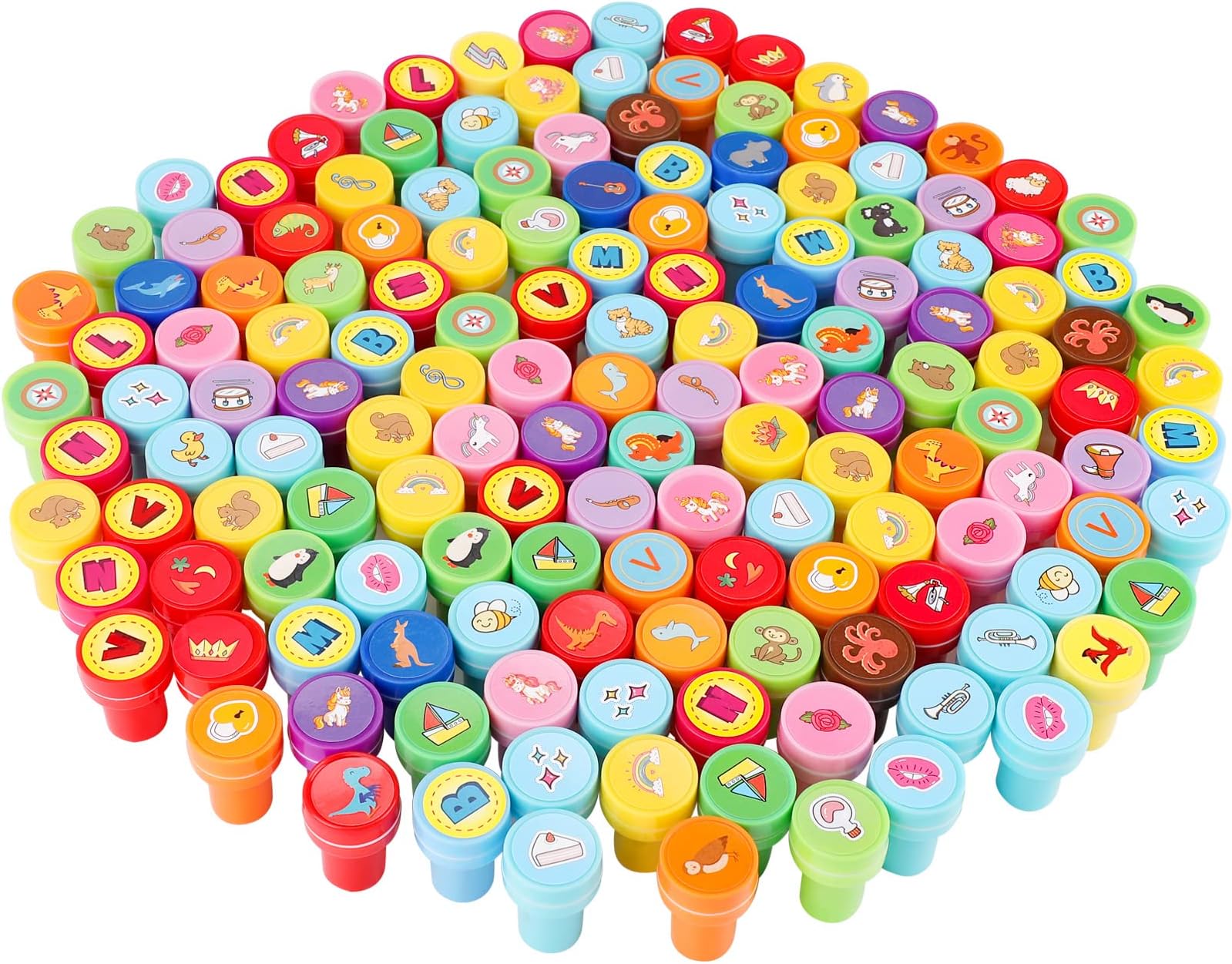 150 Pcs Assorted Stampers for Kids Stamp Set Cute Mini Stamps Self Inking Stamp Kids Printing Stamping Supplies Birthday Party Favors for Crafts Classroom Prize, Animals, Fruits, Food, Human Tasks