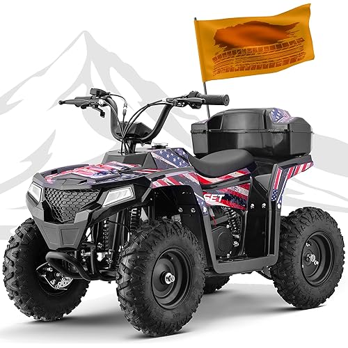 XW-A19 40CC Four Wheelers Gas-Powered ATV Quad for Kids 6+, 165 lbs Max Kids Gas 4 Wheele, 15.5 MPH Max with Parental Speed Control, Off-Road UTV, LED Headlight and Storage Box (Flag)
