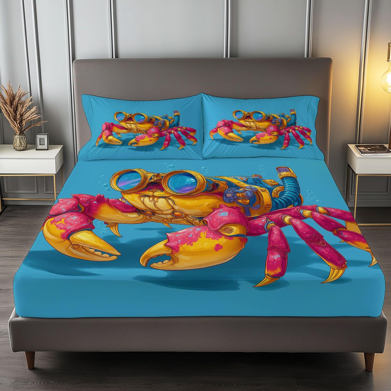 Drap housse 200x200 cm imprimé crabe bleu pour des nuits douces et rassurantes
