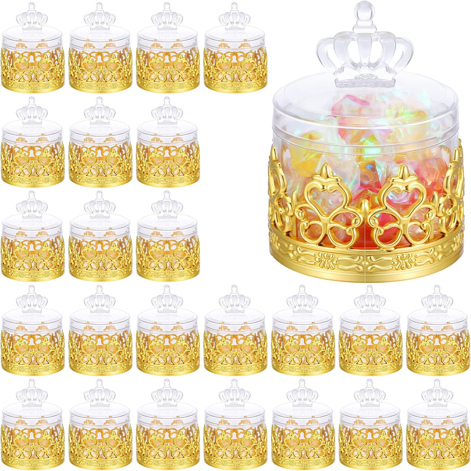 24 Pcs Small Gold Crown Candy Jars with Lids, Plastic Candy Containers Storage Boxes for Wedding, Baby Shower, Birthday Party Favors, Reusable Decorative Storage