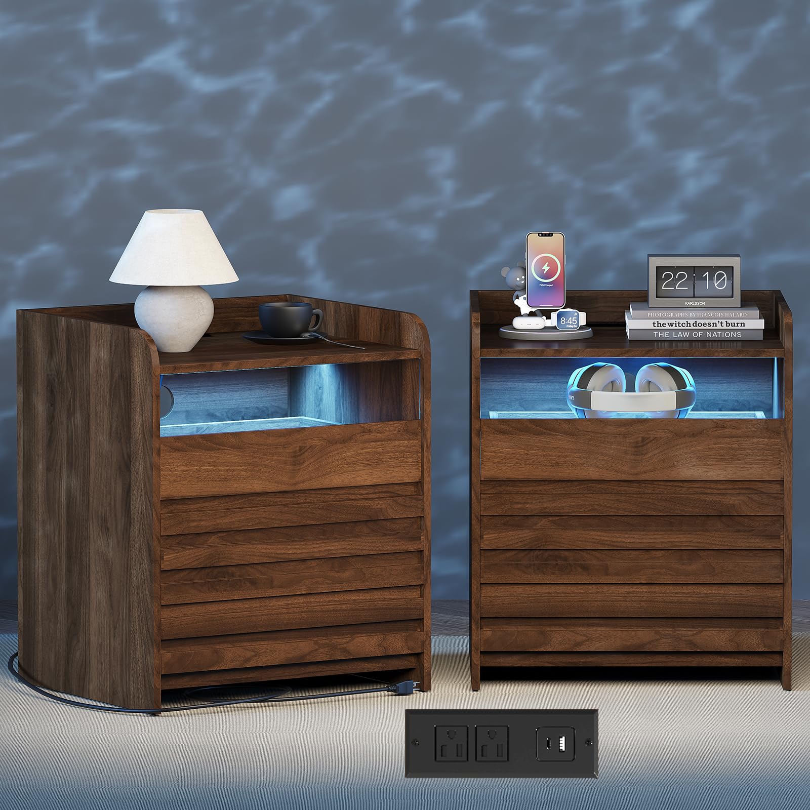 Vikiullf LED Nightstands with Charging Station, Set of 2 Modern Night Stand with 2 Drawers and USB Ports, Wooden Bedside Table, Brwon Nightstand