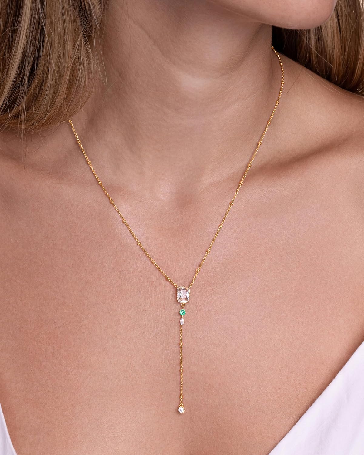 Long Drop 18K Gold Plated Stacked Layered Beaded Green Emerald CZ Pendant Necklace For Wome by SNGIA, Dainty Trendy Birthstone Gemstone Statement Jewelry Gifts, Bohemian Vintage Handmade Unique Exaggerated Cute Thin Skinny Dainty Chain, Summer Beach Fashion Nickle Free Rhinestone Accessories - Image 3