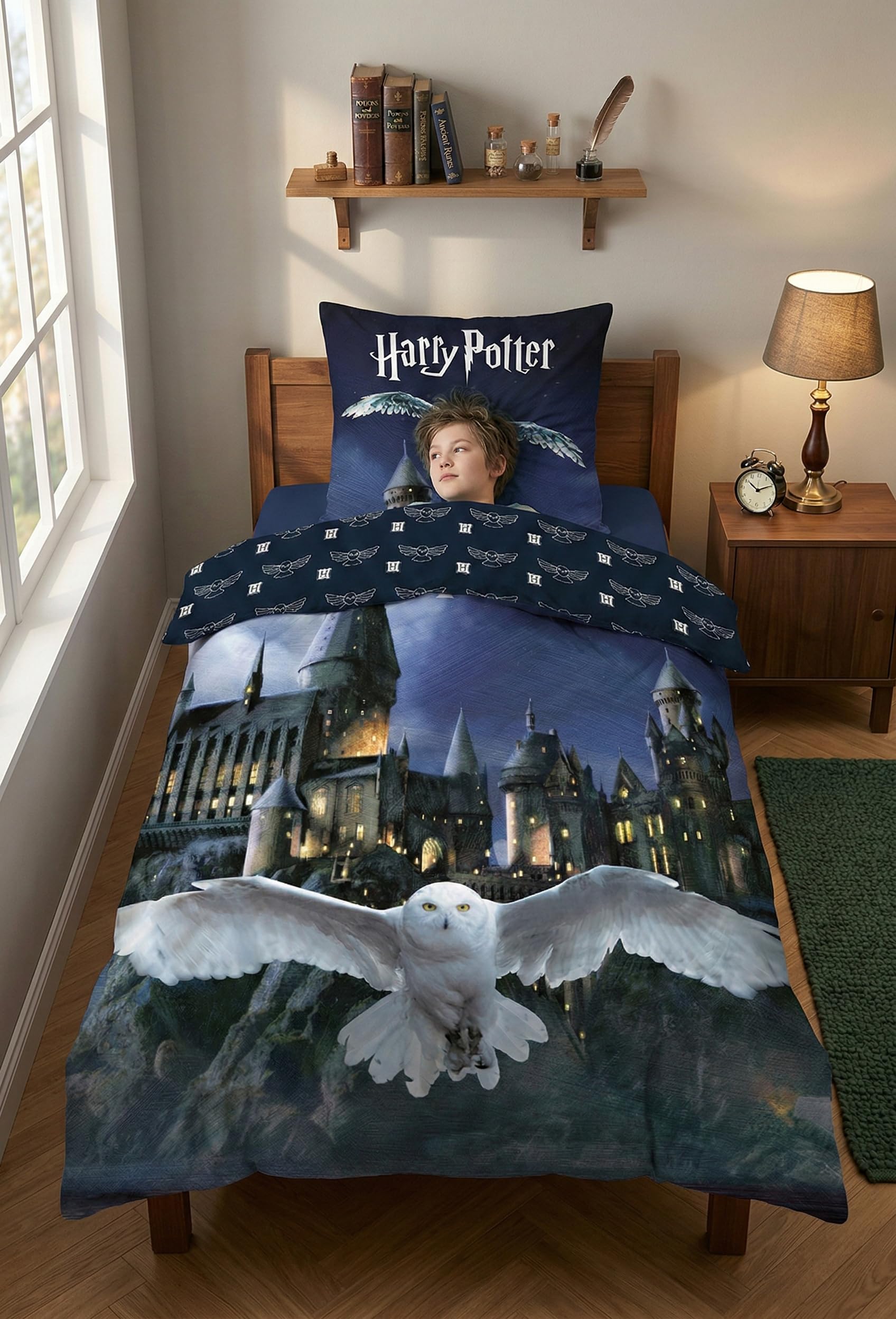 Harry Potter Hogwart Hedwiga Pościel 140x200 + Poszewka 63x63 Miękka Dzieci | Odwracalna pościel jednoosobowa | Miękka mikrofibra | Wizarding World | Nastolatki | Prezent | Do prania w pralce