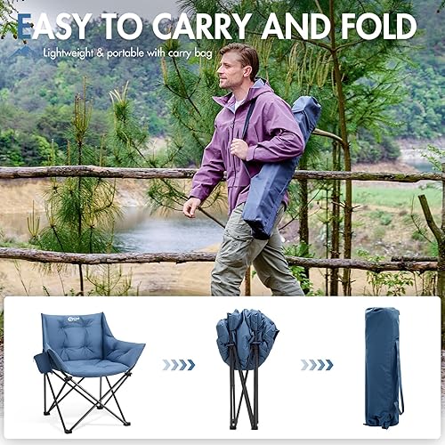 Miniatura 9 de Portal Silla de campamento acolchada de gran tamaño, silla plegable resistente con portavasos y bolsillo lateral, soporta 330 libras, para