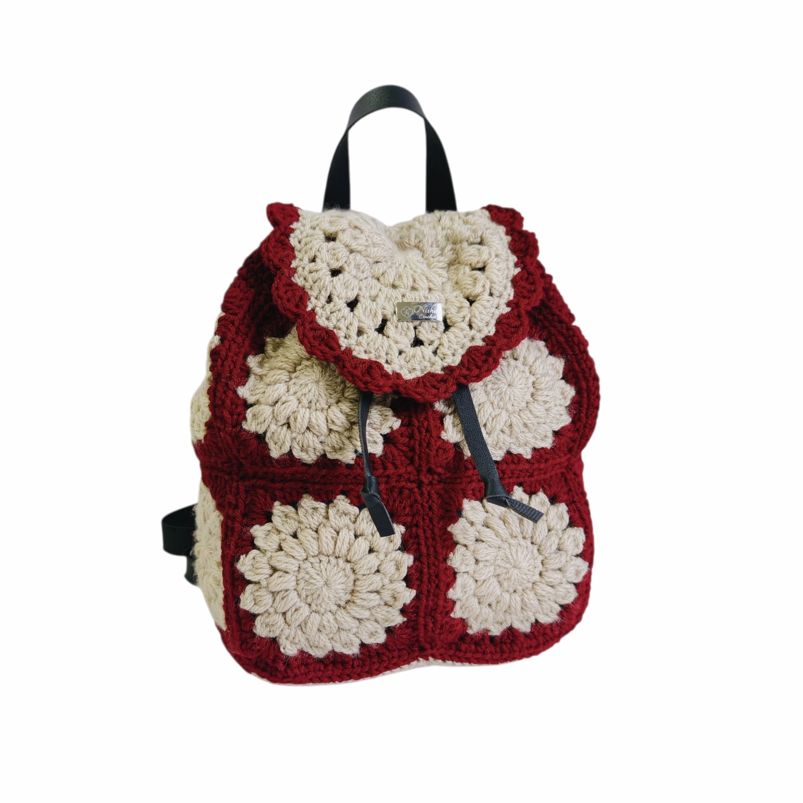 crochet backpack with Premium pu-leather small medium daypack handmade knitting macrame-image-7