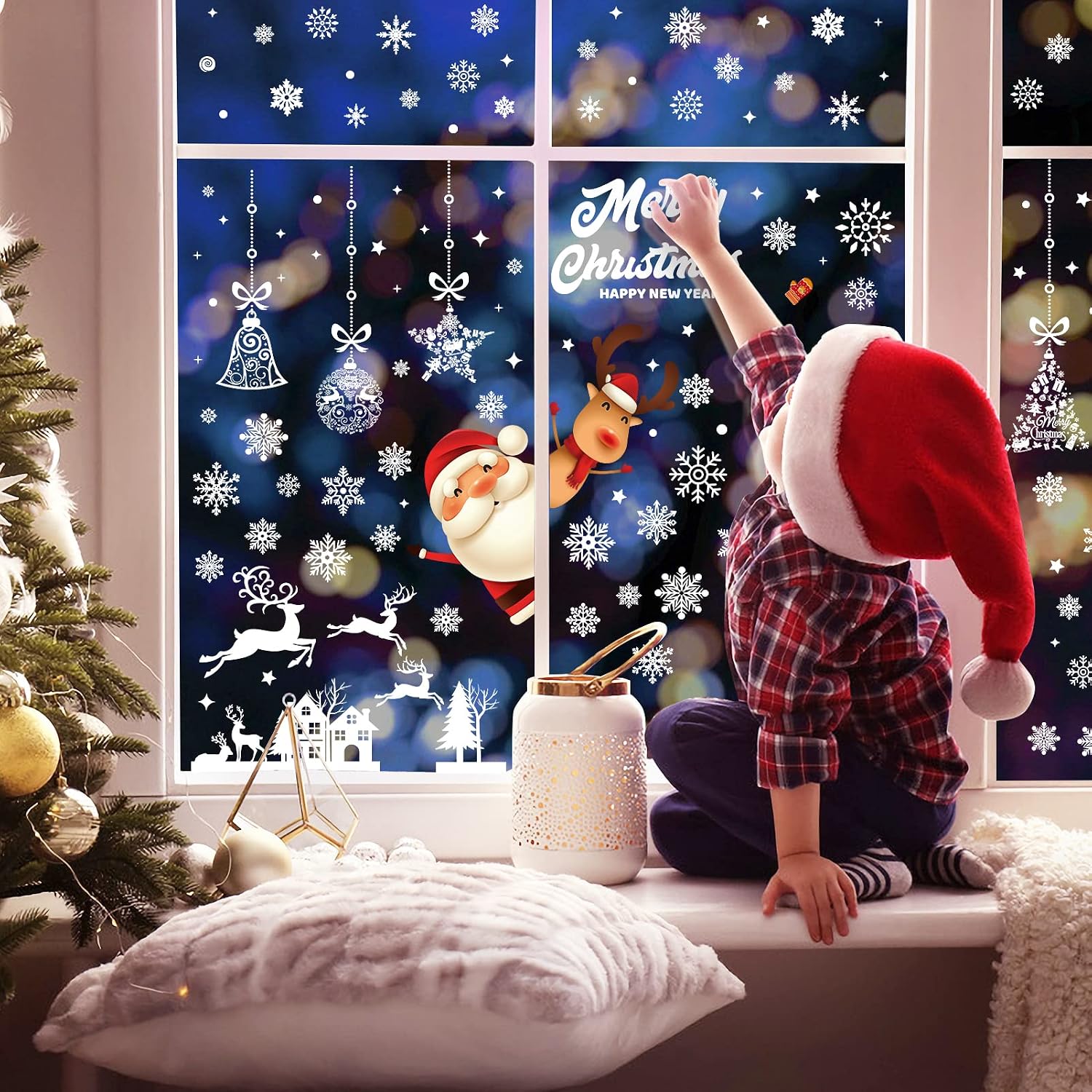 197 Pcs Christmas Decorations 9 Sheet Christmas Window Clings , Double Sides Reindeer Santa Claus Snowflake Window Stickers Reusable Xmas Decorations Decals for Mall School Office Home