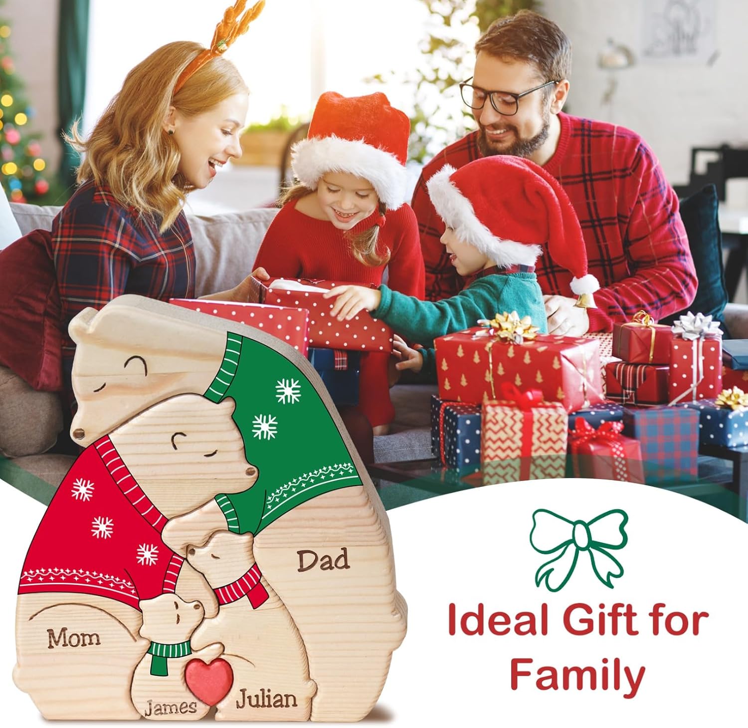 Personalized Wooden Hugging Bears Family Puzzle Custom Mama Bear Puzzle with 2-6 Names Christmas Sweater Bears Puzzles Gifts for Mom Dad House Warming Home Decor