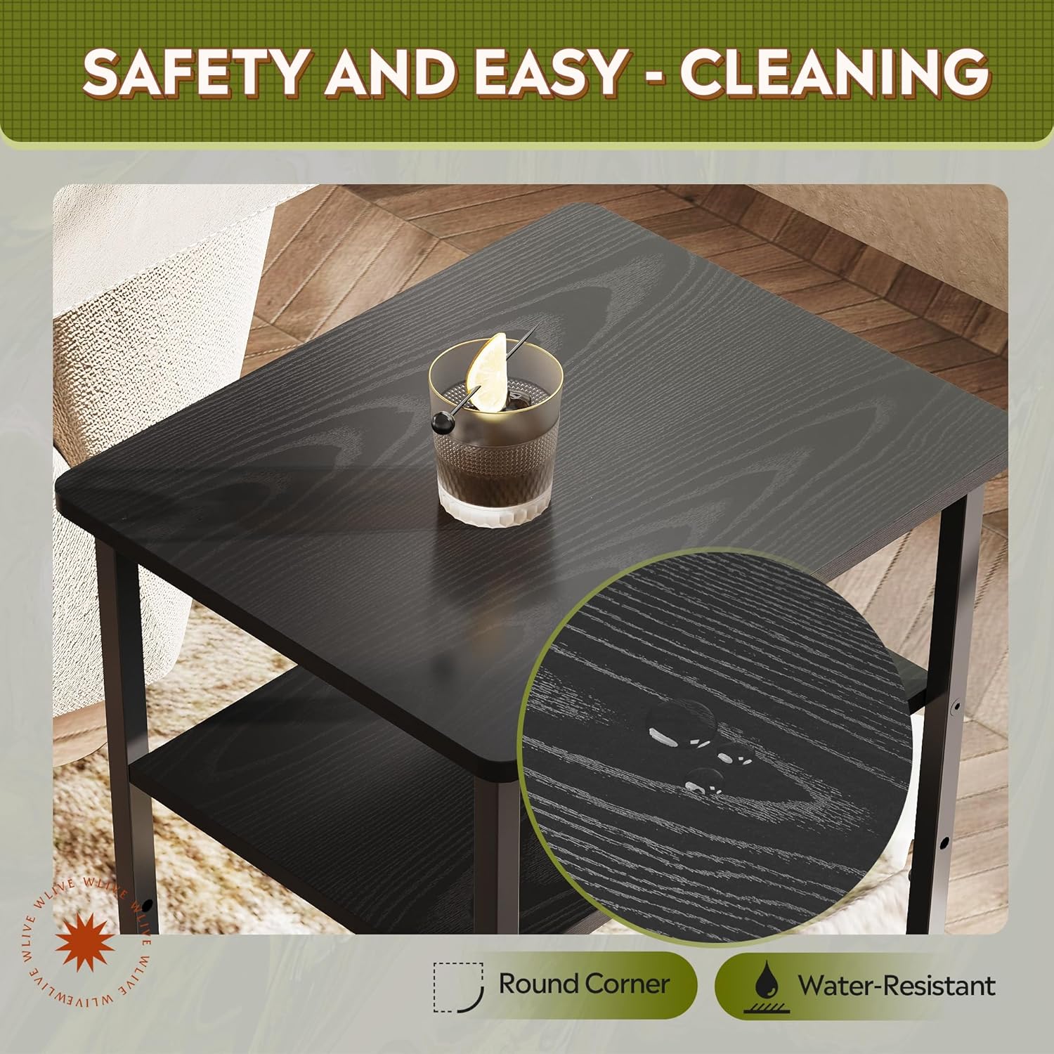 WLIVE 3-Tier End Table placed next to a sofa in a living room setting, holding a drink and a book.