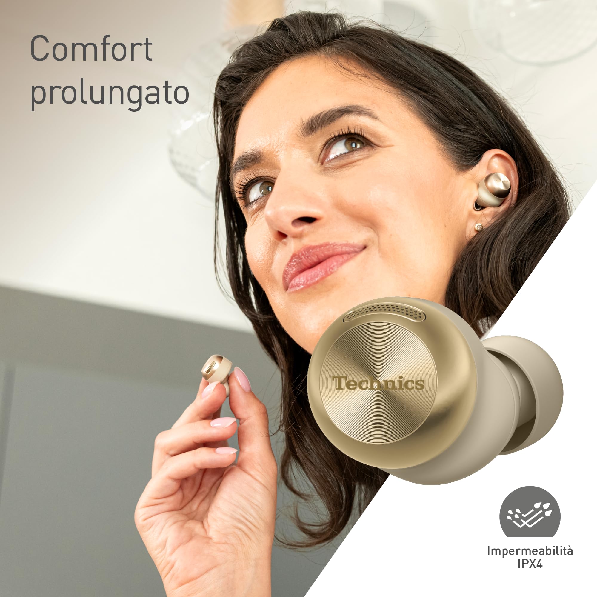 Technics EAH-AZ100E-N Auricolari Wireless con Cancellazione del Rumore, Bluetooth Multipoint, Voice Focus AI, Comode Cuffie In-Ear, Oro Champagne