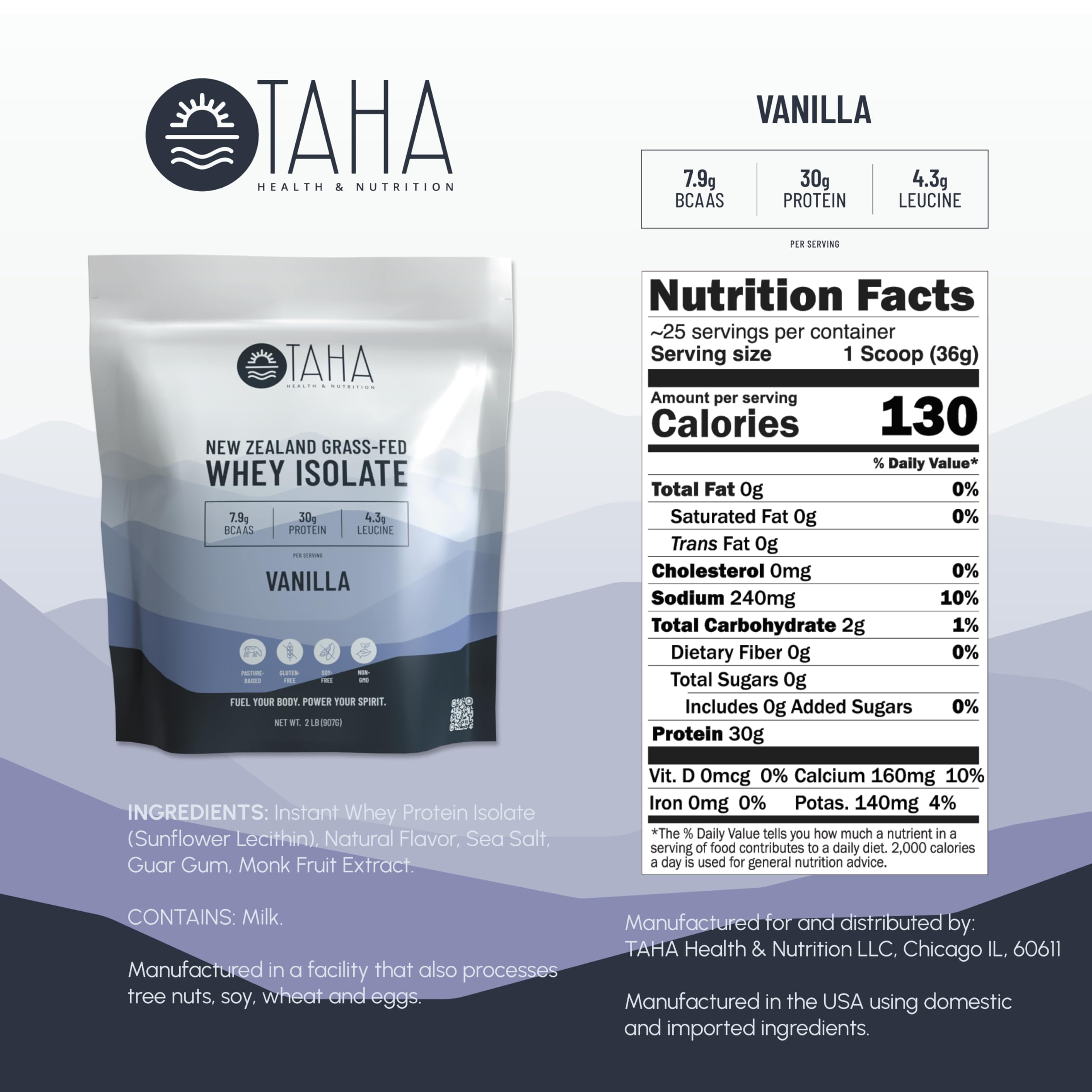 Taha Health & Nutrition Vanilla Whey Protein Isolate Powder, 30g Protein, 7.9g BCAAs, 4.3g Leucine | New Zealand Free-Range, Grass-Fed Dairy | Gluten-Free, Keto, Kosher | 2LB, 25 Servings