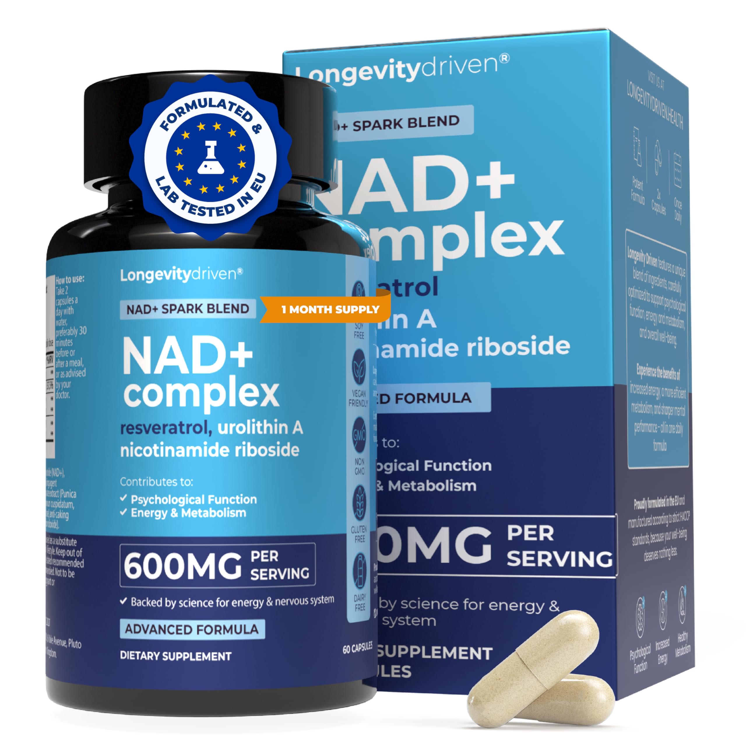 NAD+ 600 mg, Anti-âge, Réduit la Fatigue et Améliore le Métabolisme, Resvératrol, Urolithine A, Niacine, 60 Capsules, 1 Mois D'approvisionnement